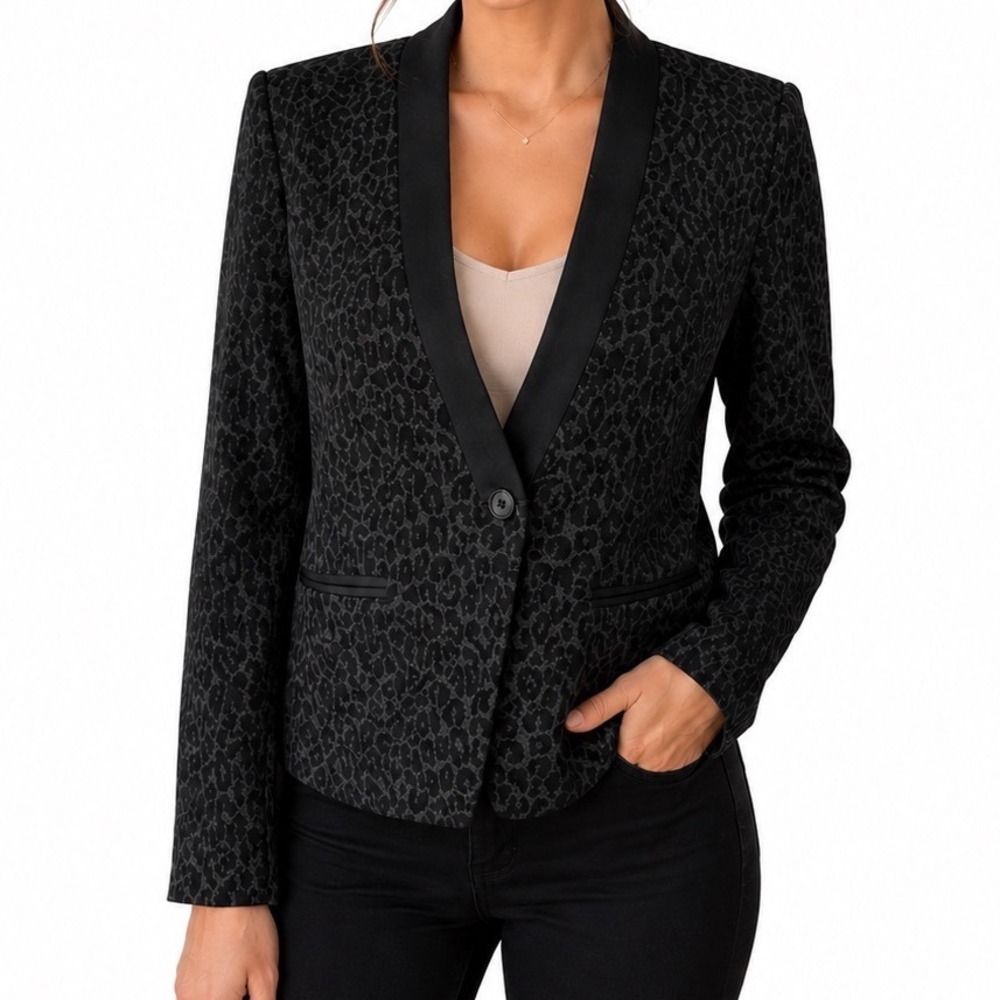 LOFT‎ Chic Charcoal Leopard Print Blazer | Satin Lapel Career Jacket Womens 10P